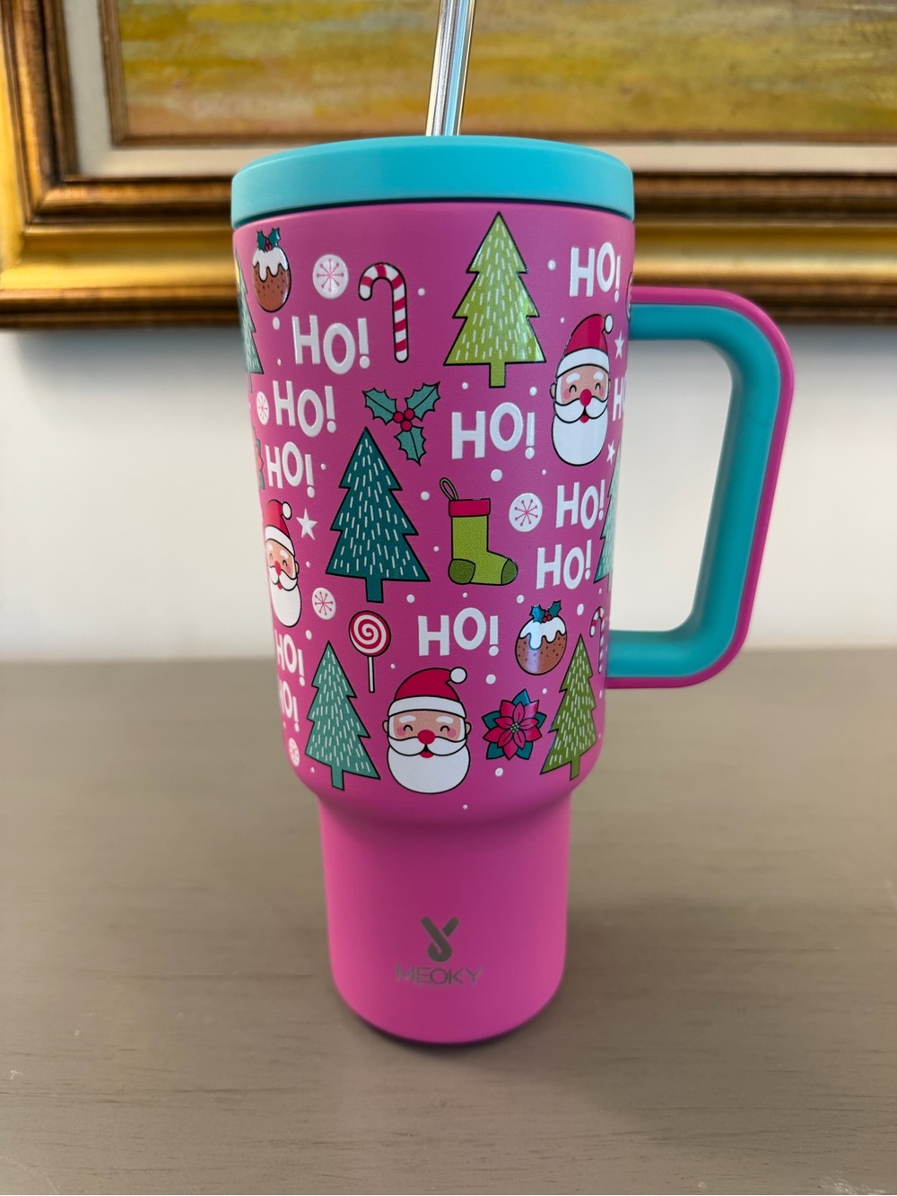 Meoky 40oz Christmas Insulated Tumbler w Handle Straw Santa Pink Holiday Car Cup